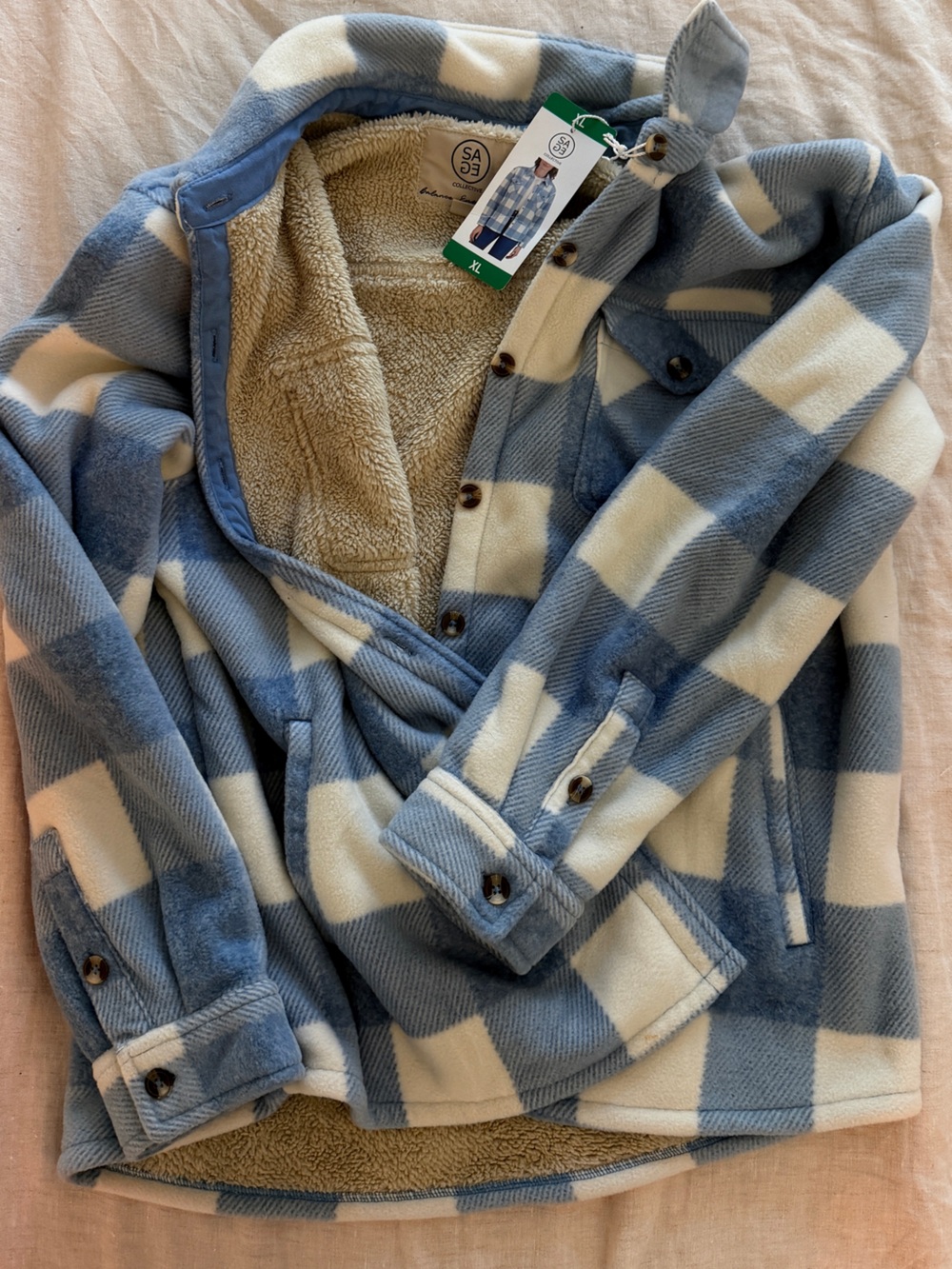 Cozy Blue and Cream Check Fleece Shirt Jacket - Unbranded